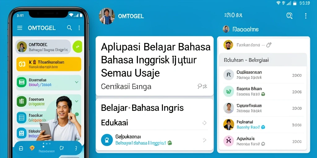 Screenshot utama OMTOGEL menunjukkan antarmuka belajar bahasa Inggris yang interaktif.